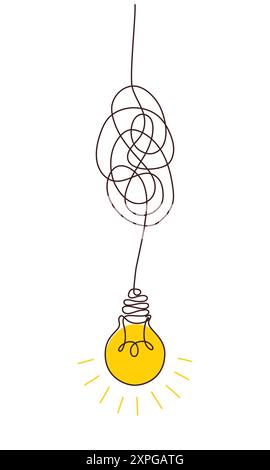 Solution concept of chaos in thoughts with hanging light bulbs with one glowing. Complex problem solving process in hand drawn style. Vector Stock Vector