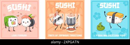 Cartoon sushi rolls poster. Rice sushi retro cute characters, japanese food funny mascot invitation poster seafood japan cookery advertising menu template, neat vector illustration authors graphics Stock Vector