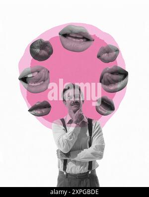 Handsome man in retro style clothes surrounded by lips, symbolizing desire and romance. Romantic dates. Contemporary art collage. Stock Photo