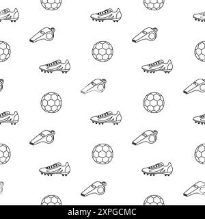 Seamless pattern of soccer ball, cleat and whistle. Sports abstract black and white background template. Perfect for backgrounds, wallpaper and textil Stock Vector