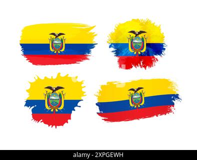 Creative clipart of watercolor style spots with Ecuadorian flag background and clipping mask. Set of tourist icons. Collection of grunge elements Stock Vector
