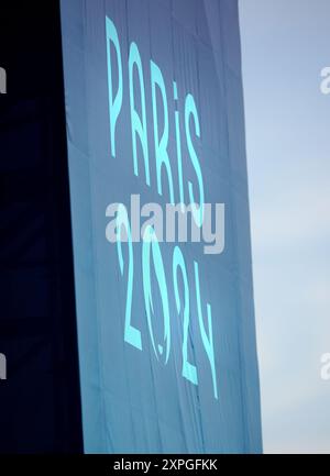 General view of the branding at Le Bourget Climbing Venue on the eleventh day of the 2024 Paris Olympic Games in France. Picture date: Tuesday August 6, 2024. Stock Photo