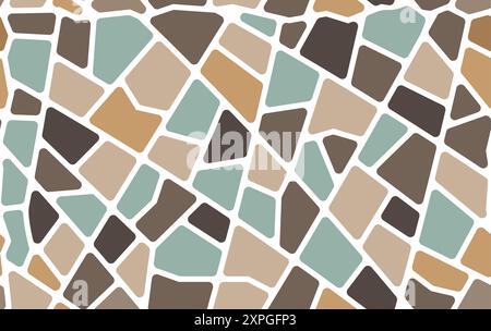 Mosaic stone tile seamless pattern or paving floor background, vector terrazzo. Brown and turquoise pastel ceramic fragments or broken tiles pattern w Stock Vector