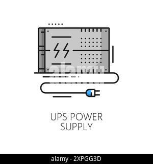 Ups power supply software color thin line icon. Computer powering system application, digital technology software product or PC hardware maintenance o Stock Vector
