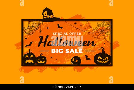 Halloween grunge sale banner with vector silhouettes of horror pumpkins, bats, witch hat and skull in black frame with spider and cobweb. Halloween ho Stock Vector