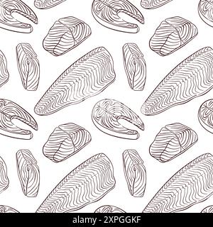 Salmon slice seamless pattern in line art style. Food design for seafood restaurant menu. Vector illustration on a white background. Stock Vector