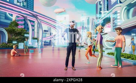 Portrait of Handsome South Asian Man Wearing Virtual Reality Headset in a 3D Digital VR World with Online Network Platform. Indian Man Exploring Next Generation Immersive Social Media Enviromnet. Stock Photo