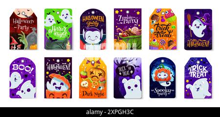 Halloween holiday gift tags. October horror holiday, fall season sale festive tags or Happy Halloween celebration vector labels or stickers with ghost Stock Vector