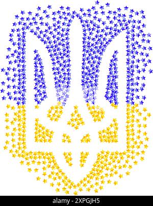 Ukrainian national emblem trident tryzub shape illustration for Ukrainian Independence Day greeting card with many scattering blue and yellow stars on Stock Vector