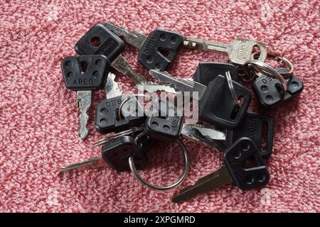 Terengganu, Malaysia - 24 August 2024 : Closeup of various motorcycle keys on red background. Black colors key. Stock Photo