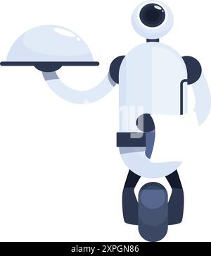White robot waiter character holding silver cloche serving tray riding on self balancing platform Stock Vector