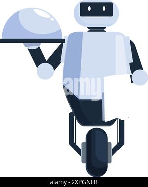 Modern robot waiter holding a silver platter serving food in a restaurant Stock Vector