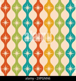 Mid century modern atomic starbursts over colorful ogee ovals seamless pattern in green, teal, orange and mustard yellow. For home décor, textile Stock Vector