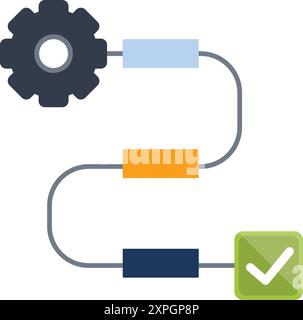 Workflow automation system is starting with a gear symbol and ending with a green validation mark Stock Vector