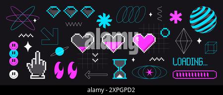 Set of pixel art arrows, smiles, eyes, love hearts, abstract geometric figures in 8bit retro style. Pixelated y2k trendy stickers, simple shapes, rave futuristic cyberpunk elements on black background Stock Vector