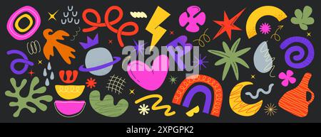 Vector set of abstract freeform shapes, geometric forms, squiggles or doodle design elements. Collection of hand drawn trendy simple figures, colored natural organic objects, curls on black background Stock Vector