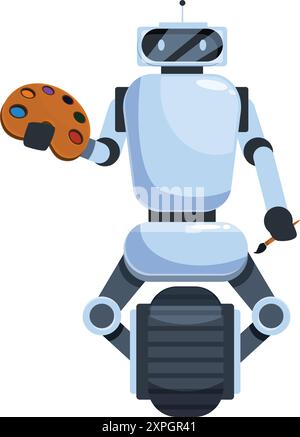 Modern robot holding paintbrush and palette creating art on white background Stock Vector