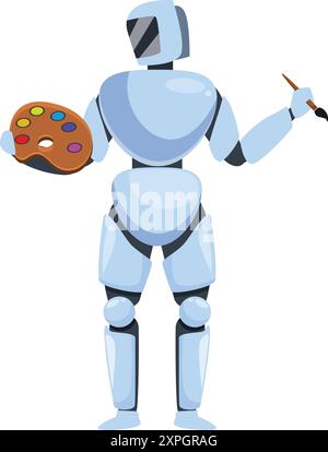 Robot is holding a paintbrush and palette, embracing the world of art and creativity Stock Vector