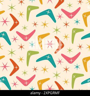 Mid Century Modern Boomerang seamless pattern with atomic retro stars in orange, teal, green, pink and yellow. For home decor, textile, wallpaper and Stock Vector