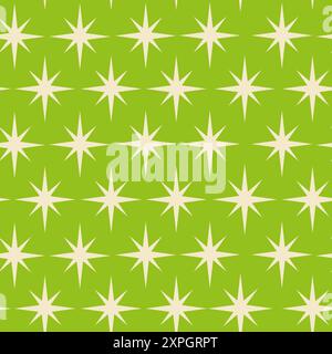 Mid century modern white starbursts seamless pattern on lime green background. For home décor, fabric, wallpaper and textile Stock Vector