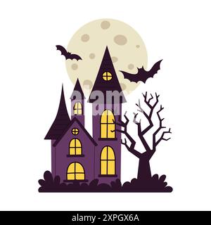 A house with bats flying around it and a full moon in the background. Scene is spooky and eerie. Vector cartoon illustrations isolated on a white back Stock Vector