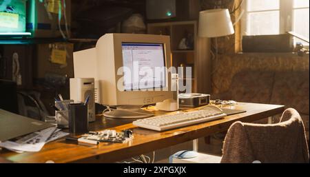 Close Up Shot Of Old Desktop Computer On Work Desk Of Software Engineer In Retro Garage. Dated PC Has Operating System Terminal Opened, Prompts Running On Screen, Code Functioning Successfully. Stock Photo