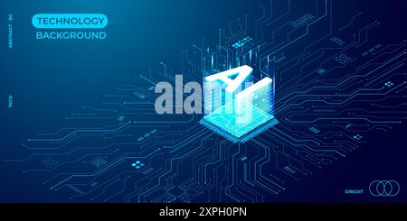 Isometric AI chip hologram in the center of circuit board. Stock Vector