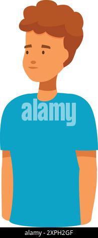 Cartoon illustration of a young man with brown hair wearing a blue t shirt, looking away in thought Stock Vector