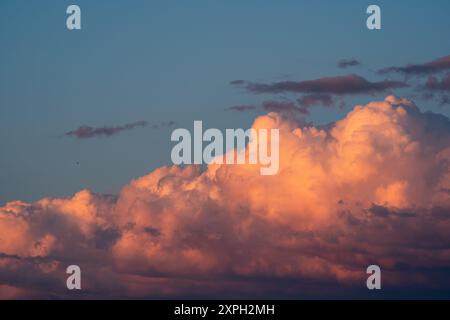 Dramatic sunset or sunrise scene. Pink and purple summer clouds against blue sky. Stock Photo