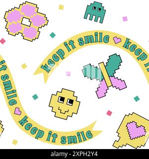 Cool Pixel Y2k retro seamless pattern. 90s trendy playful pixel art. 8-bit aesthetics vector illustration. Simple geometric form, smile, daisy, butterfly, lettering. Funny colored badge isolated on white. Stock Vector