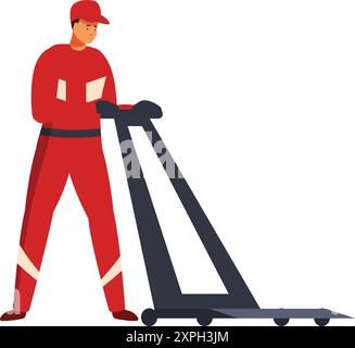 Warehouse worker in uniform is pushing a manual pallet truck, ready to transport goods Stock Vector