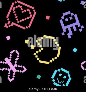 Pixel Y2k seamless pattern in 90s style. Trendy playful art. Colorful Octopus, smile, butterfly and Like on black background. Retro 8bit aesthetics, vector illustration. Naive geometric form. Stock Vector