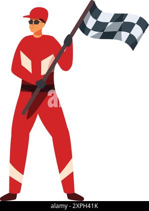 Race official in red uniform and cap holding checkered flag, celebrating victory, motorsport racing competition end concept Stock Vector