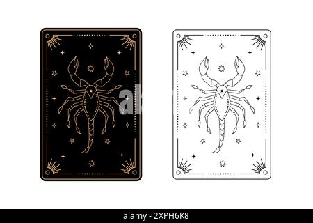 Tarot card with scorpio zodiac style. Simple line art style. Stock Vector