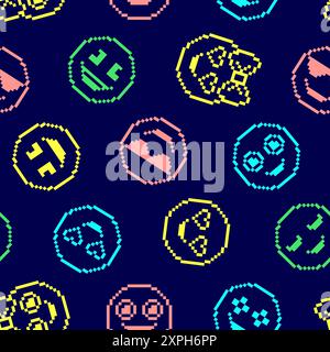 Seamless pattern with cute emoticons on dark background. Stock Vector