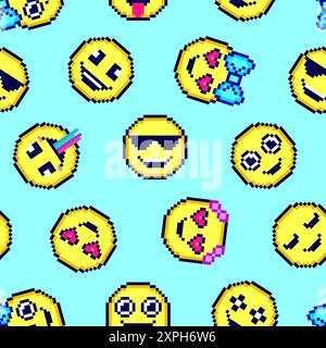 Seamless pattern with cute emoticons on blue background. Stock Vector