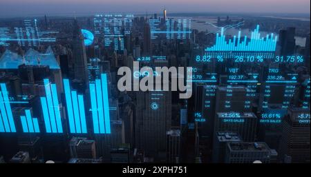 Modern Smart City Concept: Aerial Helicopter Footage of New York City with Animated Digitization Visuals Over Landmark Business Buildings. VFX Data with Graphs, Charts, Urban Analytical Reports Stock Photo