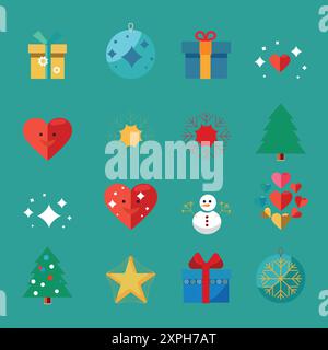 Cute color Christmas flat icons set. Festive Elements. Stock Vector