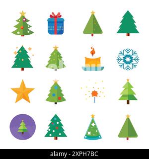 Cute color Christmas flat icons set. Festive Elements. Stock Vector