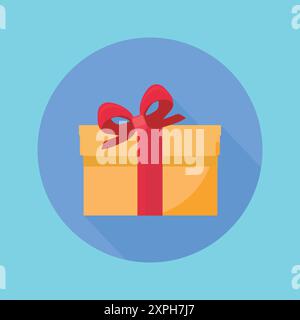 Gold gift box in a flat design style on a blue ring frame with a long shadow effect Stock Vector