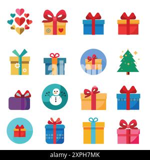 Cute color Christmas flat icons set. Festive Elements. Stock Vector