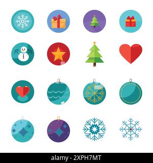 Cute color Christmas flat icons set. Festive Elements. Stock Vector