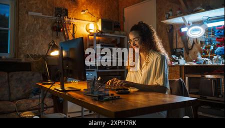 Portrait of Hispanic Female Software Engineer Programming on Desktop Computer In Retro Garage Late At Night. Ambitious Woman Starting Tech Startup Company. Coding Innovative Online Service At Home. Stock Photo