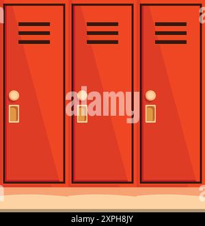 Row of bright orange metal school lockers is waiting for students to come after the break Stock Vector
