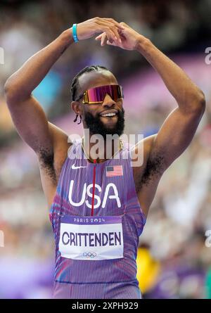 Paris, France. 06th Aug, 2024. Freddie Crittenden of Team USA reacts after competing in his men's 110 meters hurdles repechage round at the Stade de France during the 2024 Paris Summer Olympic Games in Paris, France, Tuesday, August 6, 2024. Photo by Paul Hanna/UPI Credit: UPI/Alamy Live News Stock Photo