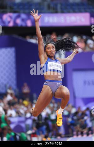 Paris, France. 06th Aug, 2024. Tara Davis-Woodhall of Team USA competes in the women's long jump qualifications at the Stade de France during the 2024 Paris Summer Olympic Games in Paris, France, Tuesday, August 6, 2024. Photo by Giancarlo Colombo/UPI Credit: UPI/Alamy Live News Stock Photo