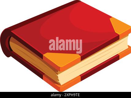 Red book with golden pages lying open on a white background Stock Vector
