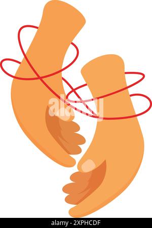 Two hands reaching for each other, bound by the red string of destiny Stock Vector