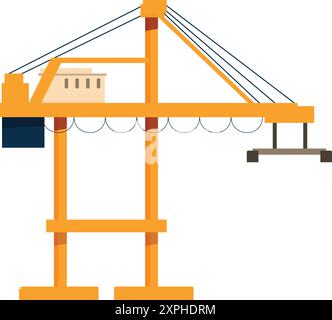 Illustration featuring a large yellow port crane lifting a cargo container, set against a clean white background Stock Vector