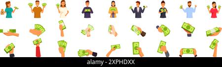 People holding cash dollar icons set. People holding money cash earnings wealth salary finance business investment concept Stock Vector